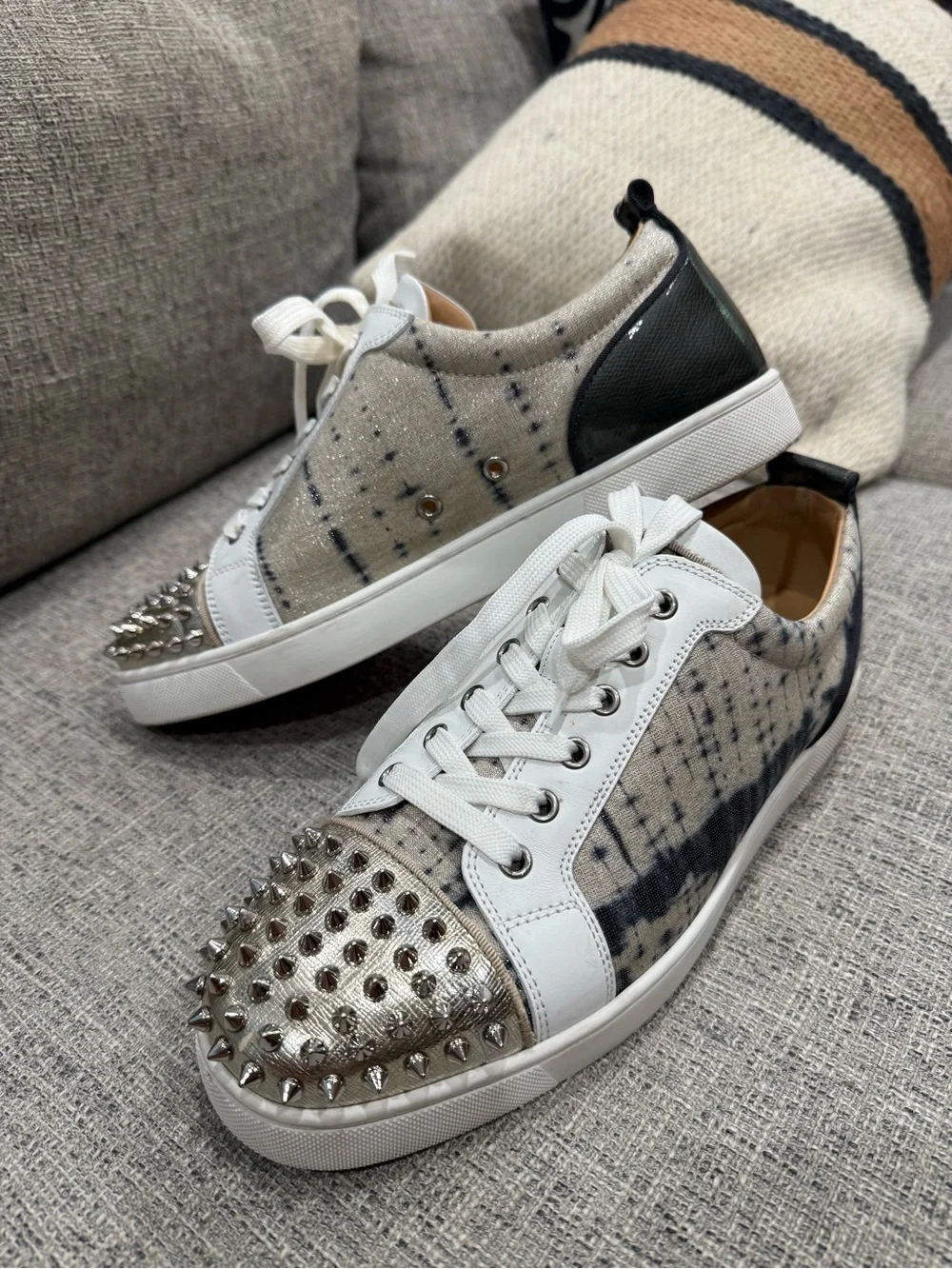 Christian Louboutin White and Silver Studded Low-Top Sneakers
